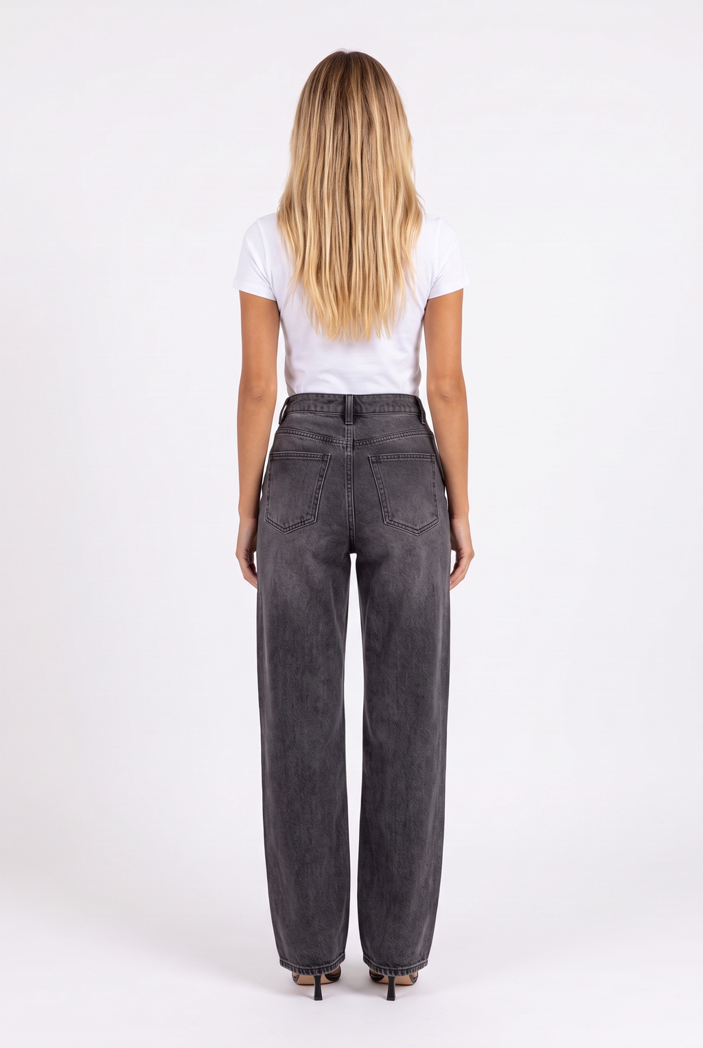Washed black-grey high-waist wide-leg jeans — back