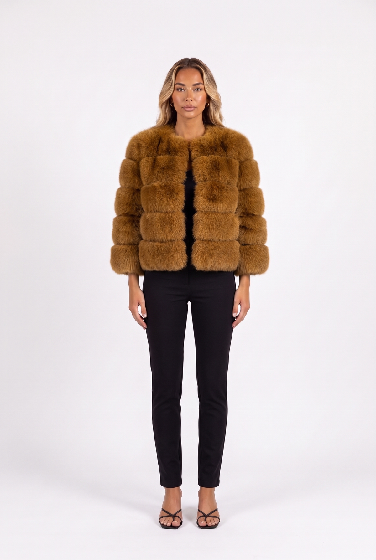 Dark gold cropped faux fur jacket with three-quarter sleeves — front
